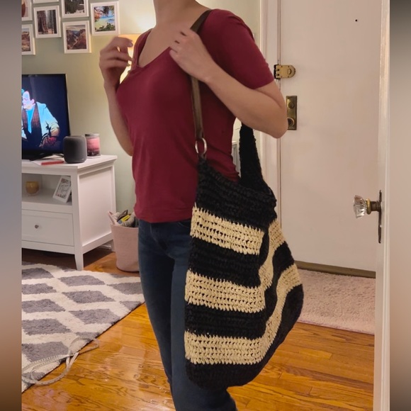 Oversized slouchy navy blue and khaki striped bag - Picture 5 of 14